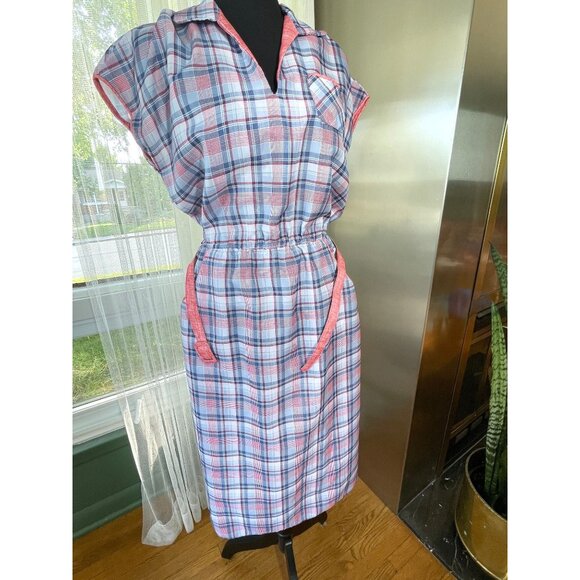 Vintage late 70s dress, pink blue plaid pattern, short sleeves, Ilan Fashions - Picture 7 of 10